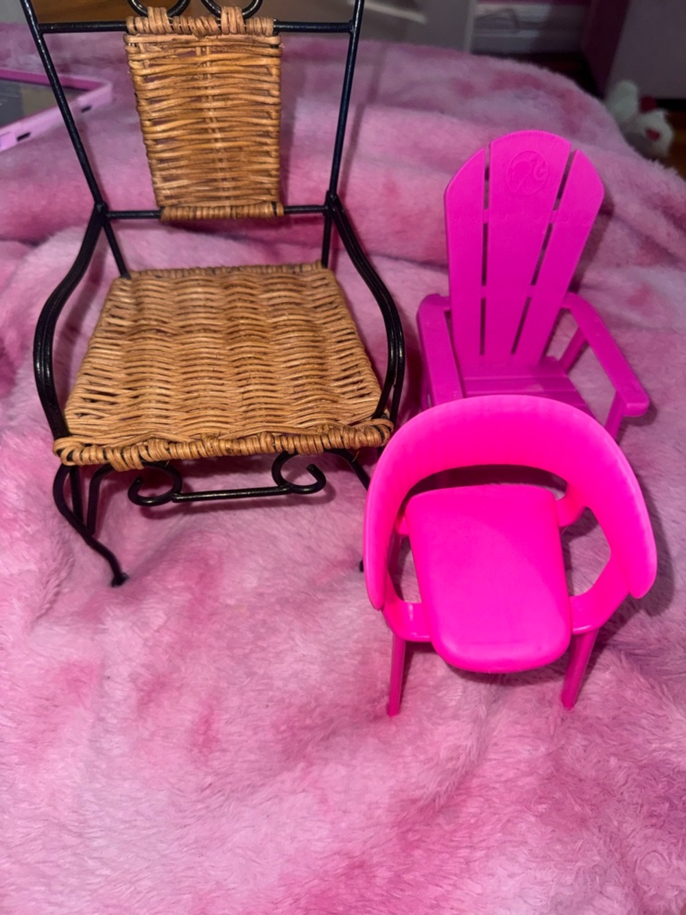 Miniature Wicker and Hot Pink Doll Chairs set of 2  and dresser